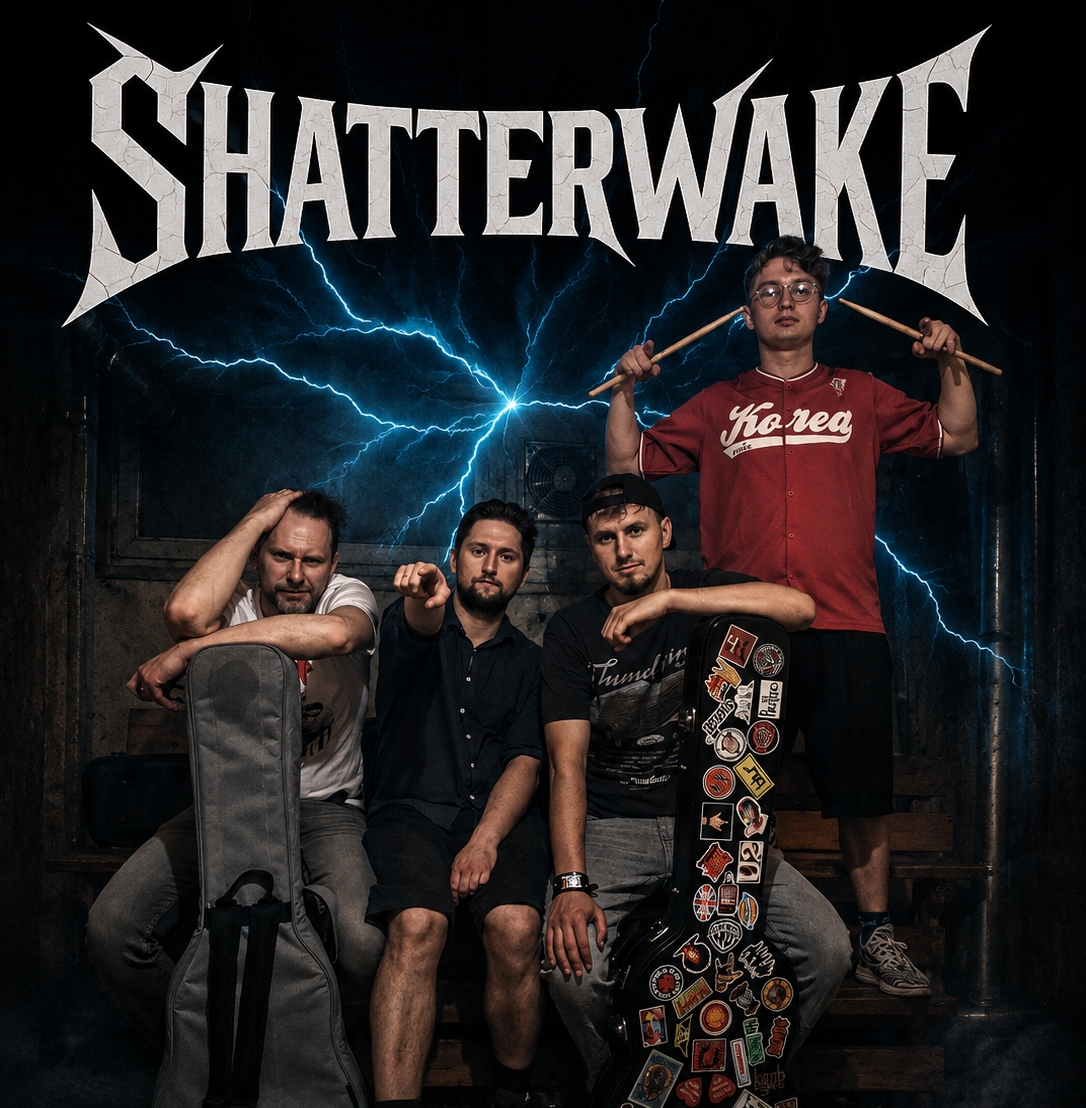 Zdjęcie promocyjne zespołu ShatterWake. Czterech muzyków pozuje w industrialnym wnętrzu na tle błyskawic i dużego logotypu zespołu. Dwóch siedzi z futerałami na instrumenty, jeden wskazuje w stronę obiektywu, a perkusista stoi z tyłu, trzymając pałki perkusyjne na ramionach. Fotografia utrzymana jest w mrocznej, rockowo-metalowej stylistyce, podkreślającej energię i charakter zespołu.